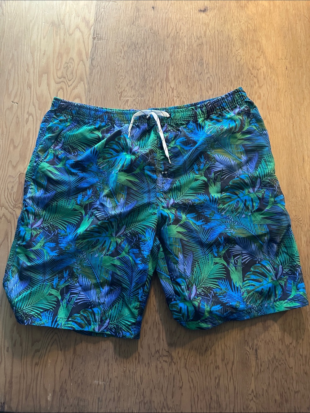Tropical Palm Print Men's Swim Trunks in Green & Blue